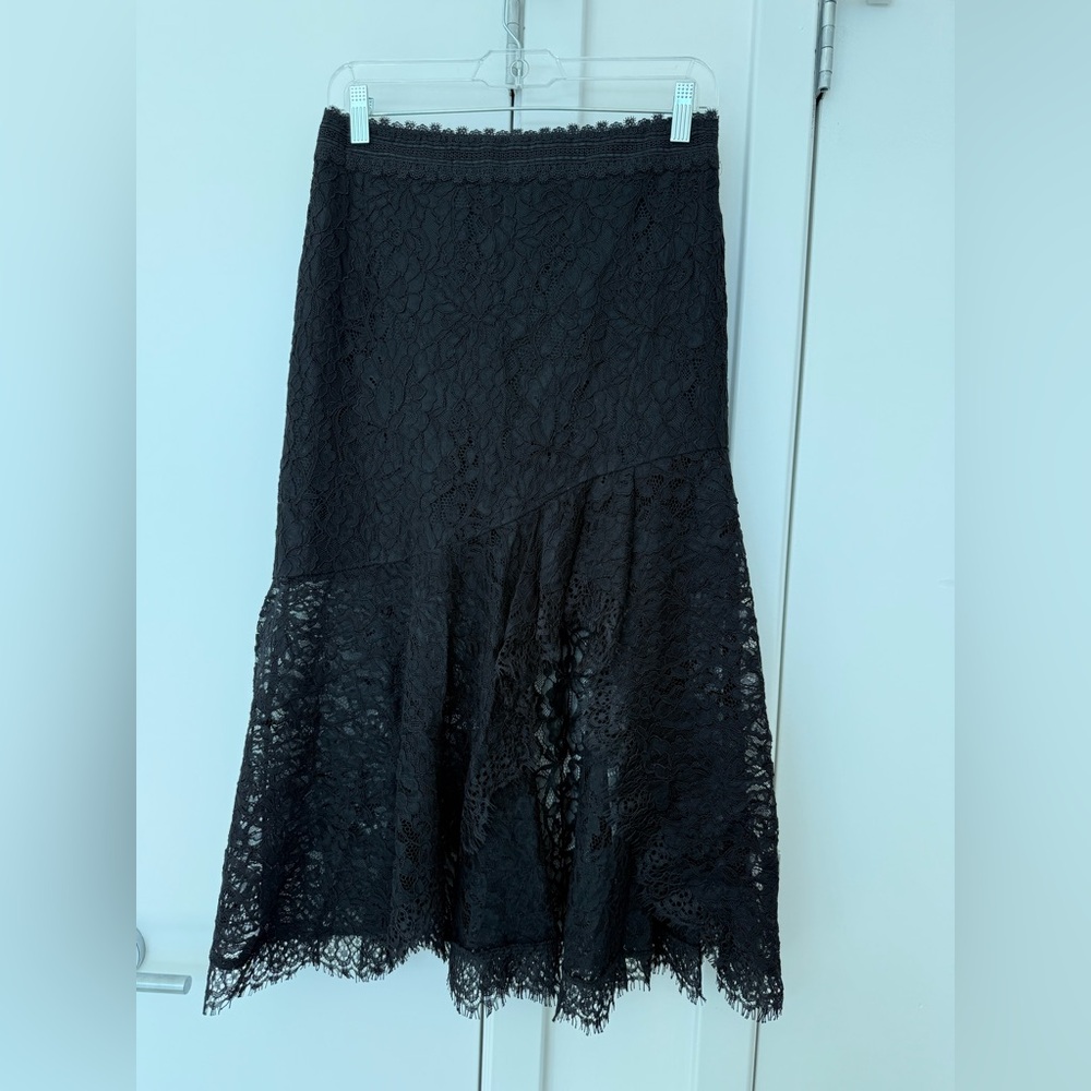 Alice + Olivia Black Asymmetrical Lace Midi Skirt